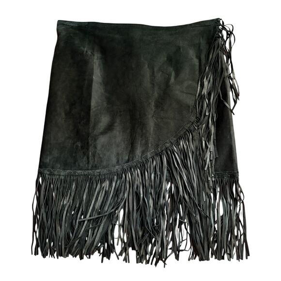 Patricia Wolf Black Fringe Suede Wrap Skirt - Size L (Pigskin) - Picture 1 of 6